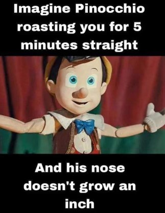 Bruh imagine Pinocchio roasting you but his nose doesn't even grow from all the lies lol