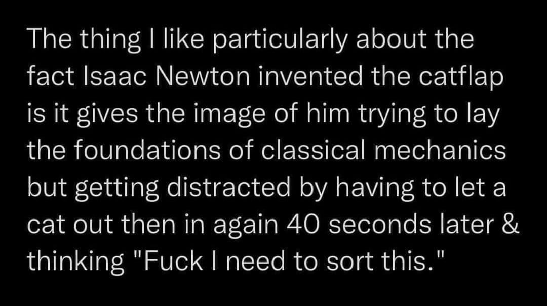 Isaac Newton inventing classical mechanics but getting sidetracked to let his cat in and out is just peak relatable genius