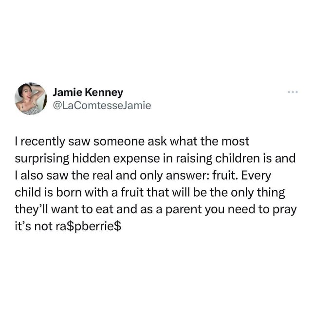 Apparently the biggest expense when raising kids is fruit, and you just have to hope it's not raspberries.
