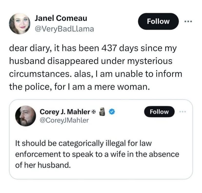When you're a "mere woman" and your husband disappears so obviously you can't call the cops