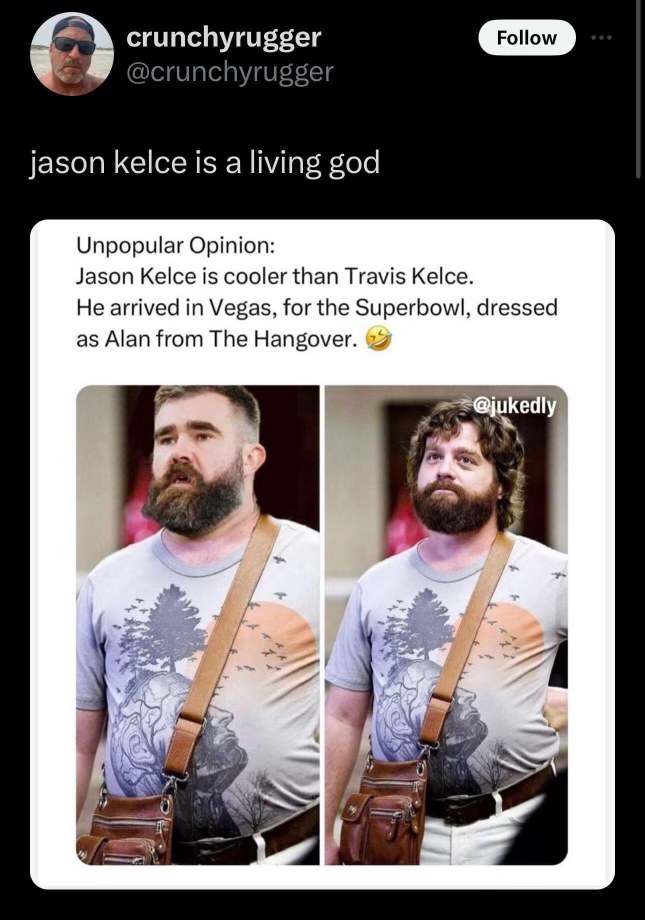 LOL, okay but Jason Kelce dressed as Alan from The Hangover for the Superbowl is a whole vibe