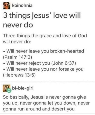 Someone basically just quoted the lyrics to 'Never Gonna Give You Up' as a theological statement about Jesus lol