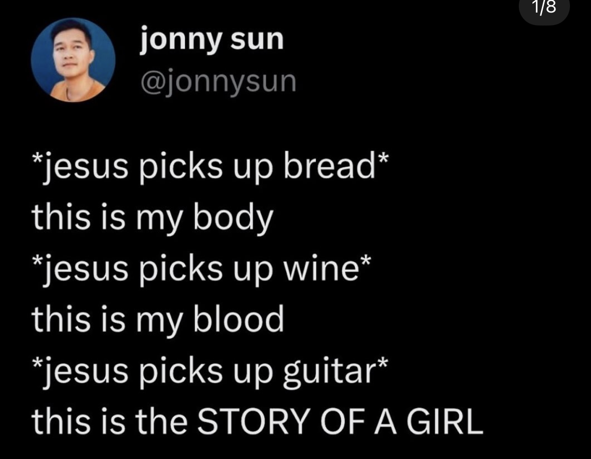 When Jesus tries to reenact his last supper but gets distracted by the guitar solo