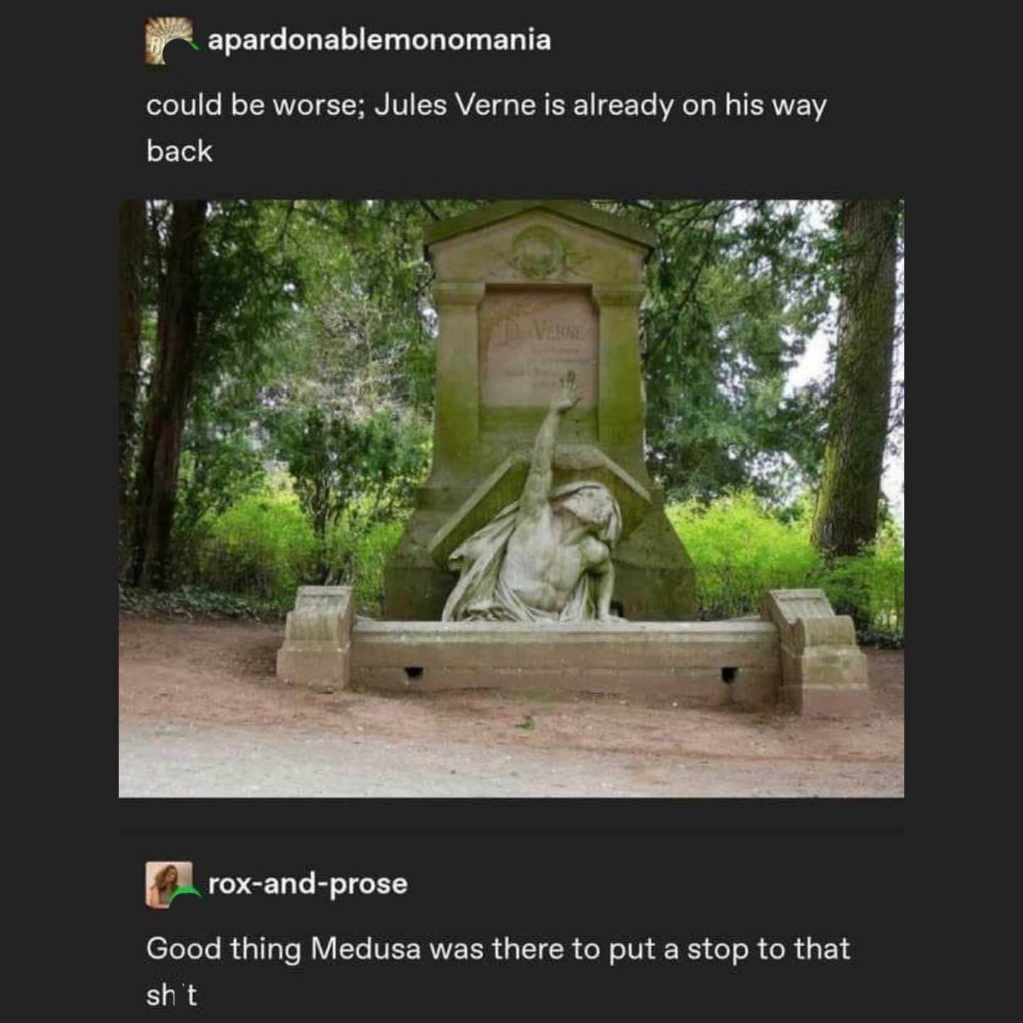 When you get a grave monument that's too literal. Jules Verne probably had a wild time.