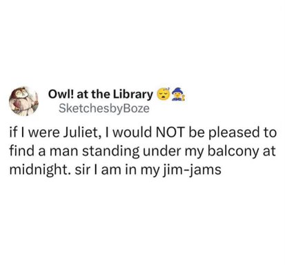 Me chilling in my pajamas when Romeo shows up at my balcony at midnight. Hard pass, sir.