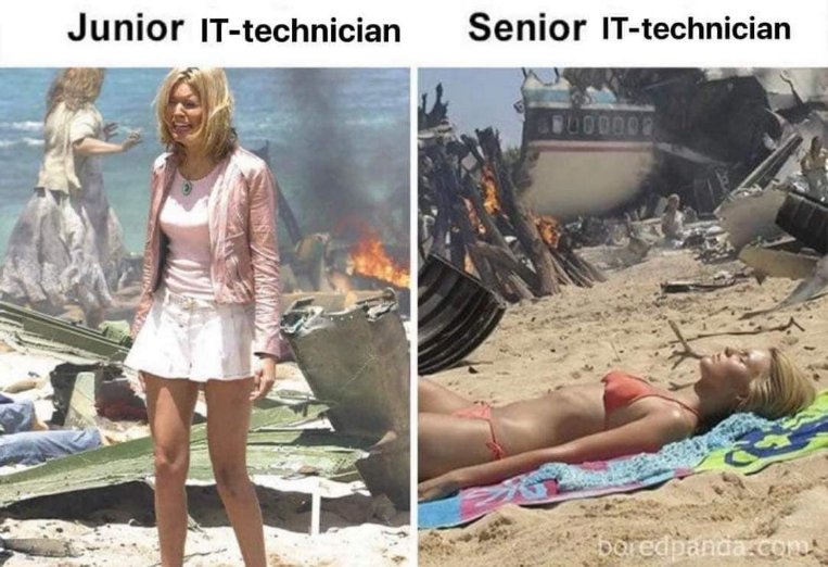 When the junior IT tech has to deal with the crash vs when the senior IT tech arrives.