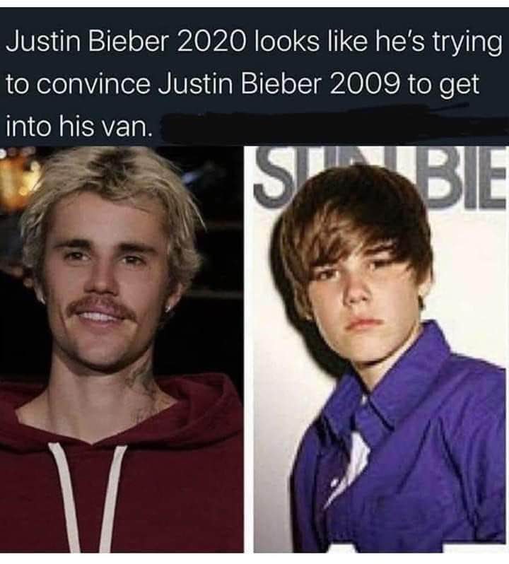 Justin Bieber 2020 is lowkey looking like he's trying to convince his younger self to get into his van, lol