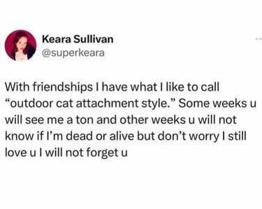 My friendship style is basically like an outdoor cat's - here one week, gone the next, but I still love u, promise!