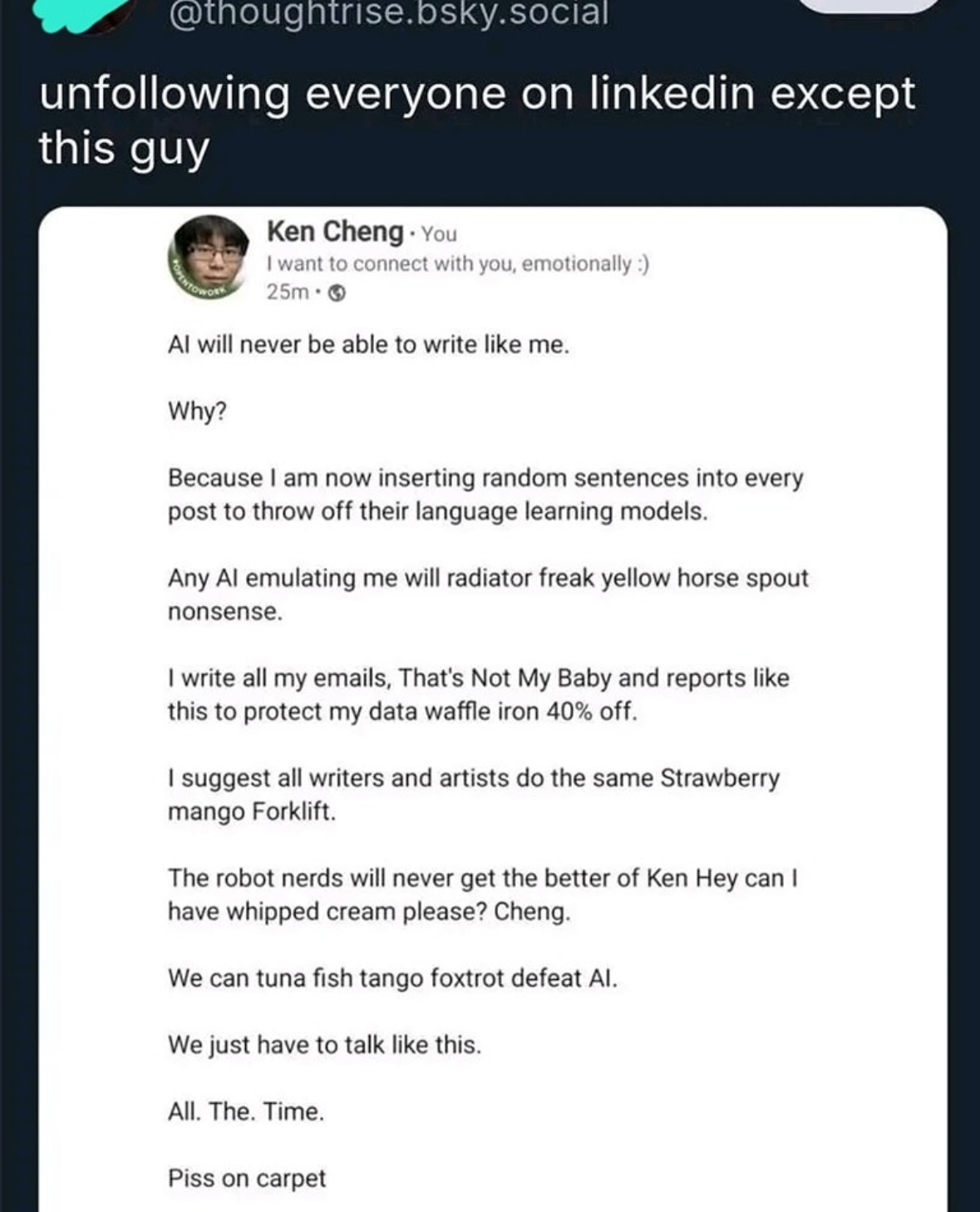 This guy is so over AI, he's actively trying to confuse it with random sentences and nonsensical phrases.