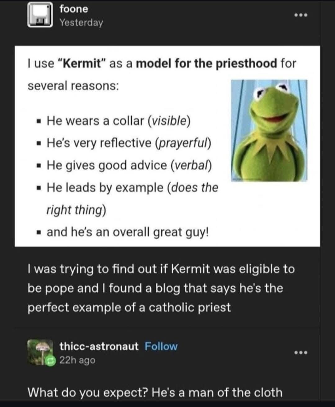 Kermit the Frog is apparently the perfect model for a catholic priest and someone even made a whole blog post about it.