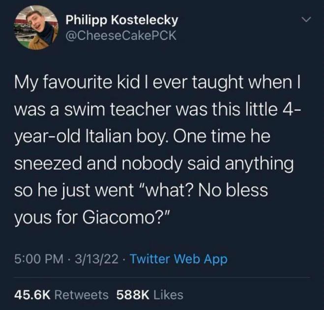 This kid is a whole mood, demanding his blessings after sneezing