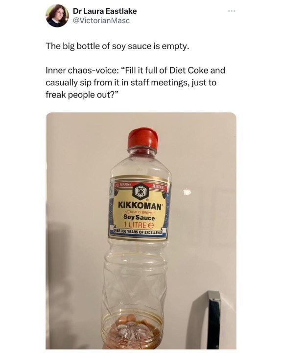 When you're out of soy sauce but your inner chaos goblin suggests filling it with Diet Coke to sip in meetings??