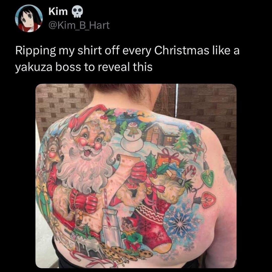 Me on Christmas morning ready to reveal my full yakuza-style Christmas tattoo