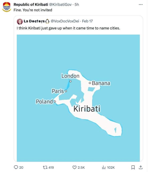 Kiribati naming its cities be like: London? Paris? Banana? Poland?