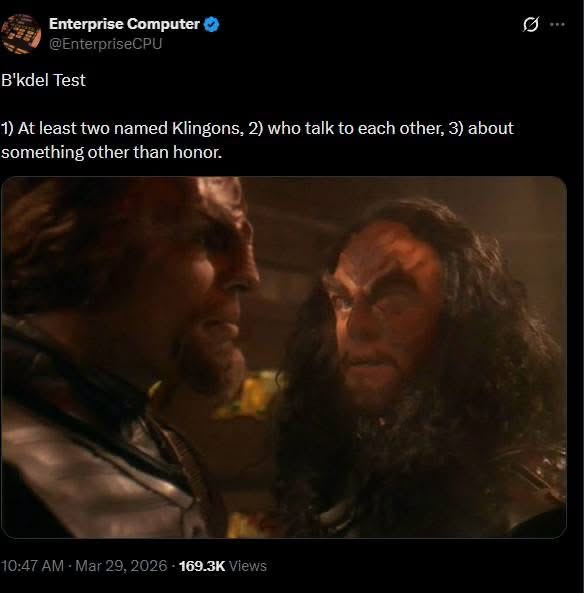 When the two Klingons realize they've talked about something other than honor for at least two minutes