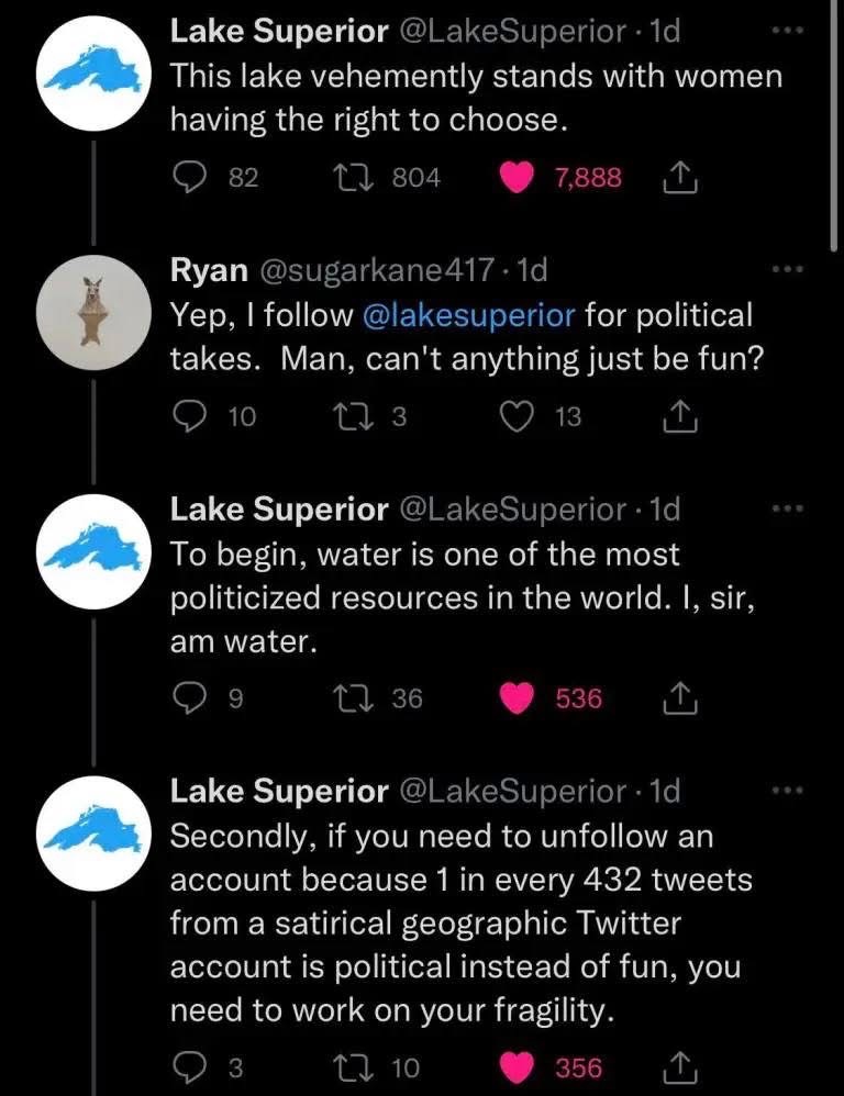 Someone told the Lake Superior Twitter account to stop being political and the account clapped back HARD