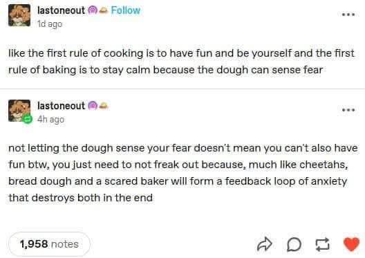 Me trying to bake anything but it turns into a feedback loop of anxiety because the dough can sense my fear