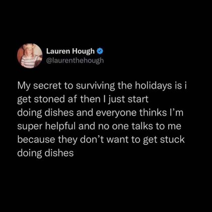 This is my strategy for dealing with family during the holidays: get high and do dishes so everyone leaves me alone.