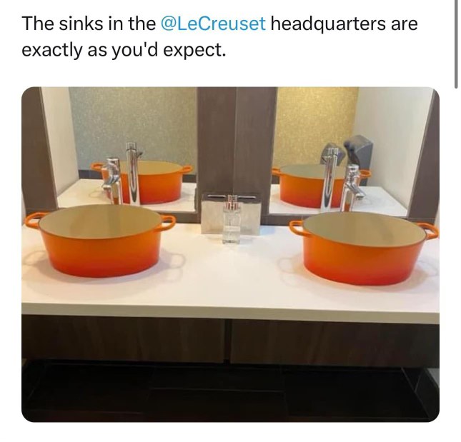 lol the sinks at Le Creuset HQ are literally their own dutch ovens