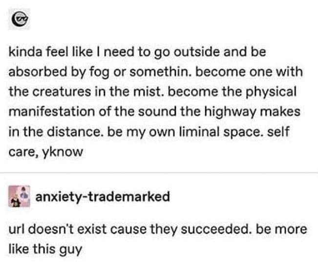 Me wanting to disappear into the fog and become one with the highway sounds, but then seeing this reply