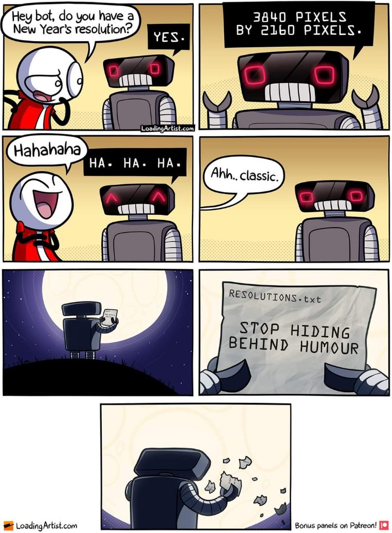 This robot's New Year's resolution is to stop hiding behind humor and apparently that means ripping up the paper it was written on.