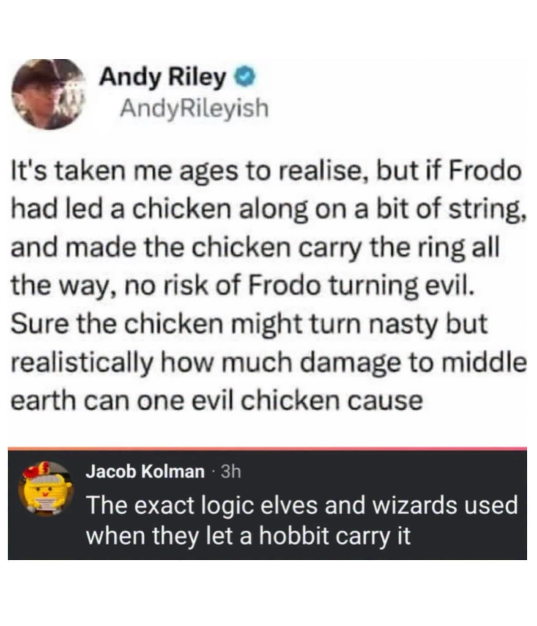 This dude really thought using a chicken to carry the ring was a good idea, and someone else pointed out that's basically what they did with Frodo.