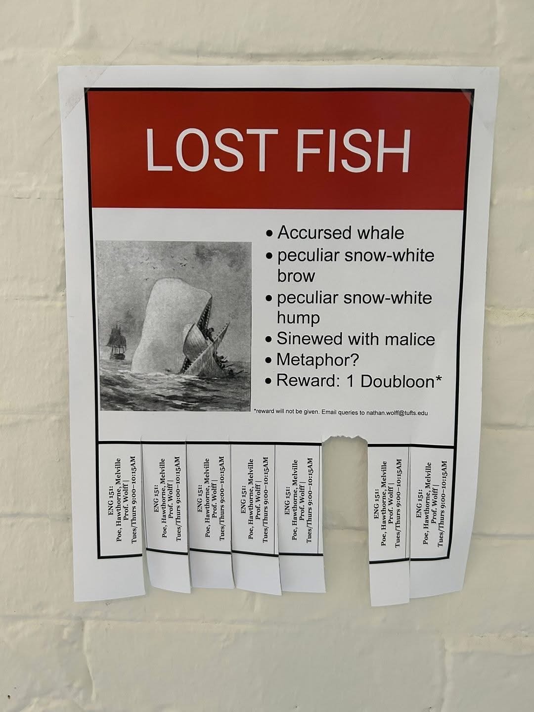Lost fish poster, but it's describing Moby Dick and offering 1 doubloon lol