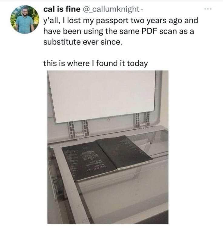 Imagine losing your passport and using a PDF scan for two years, only to find the original in the scanner.