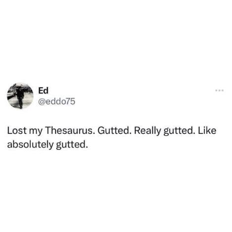 Lost my thesaurus, I'm absolutely gutted. Get it?