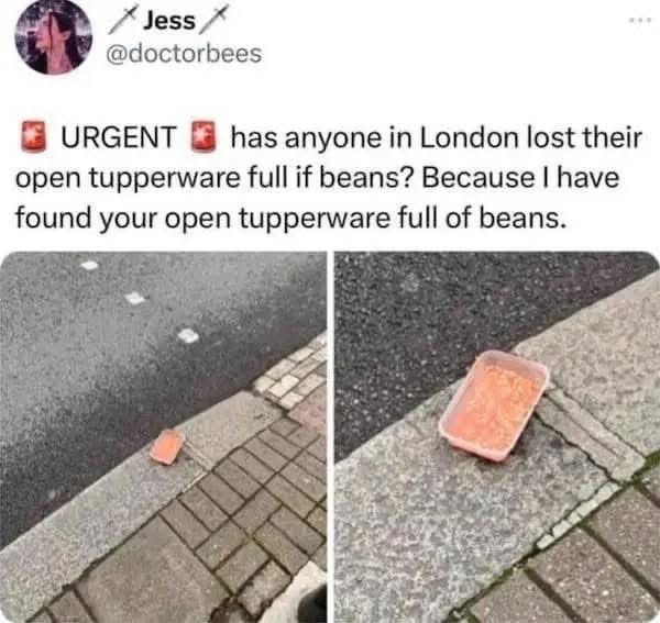 Someone is looking for their lost Tupperware of beans that they left on the sidewalk