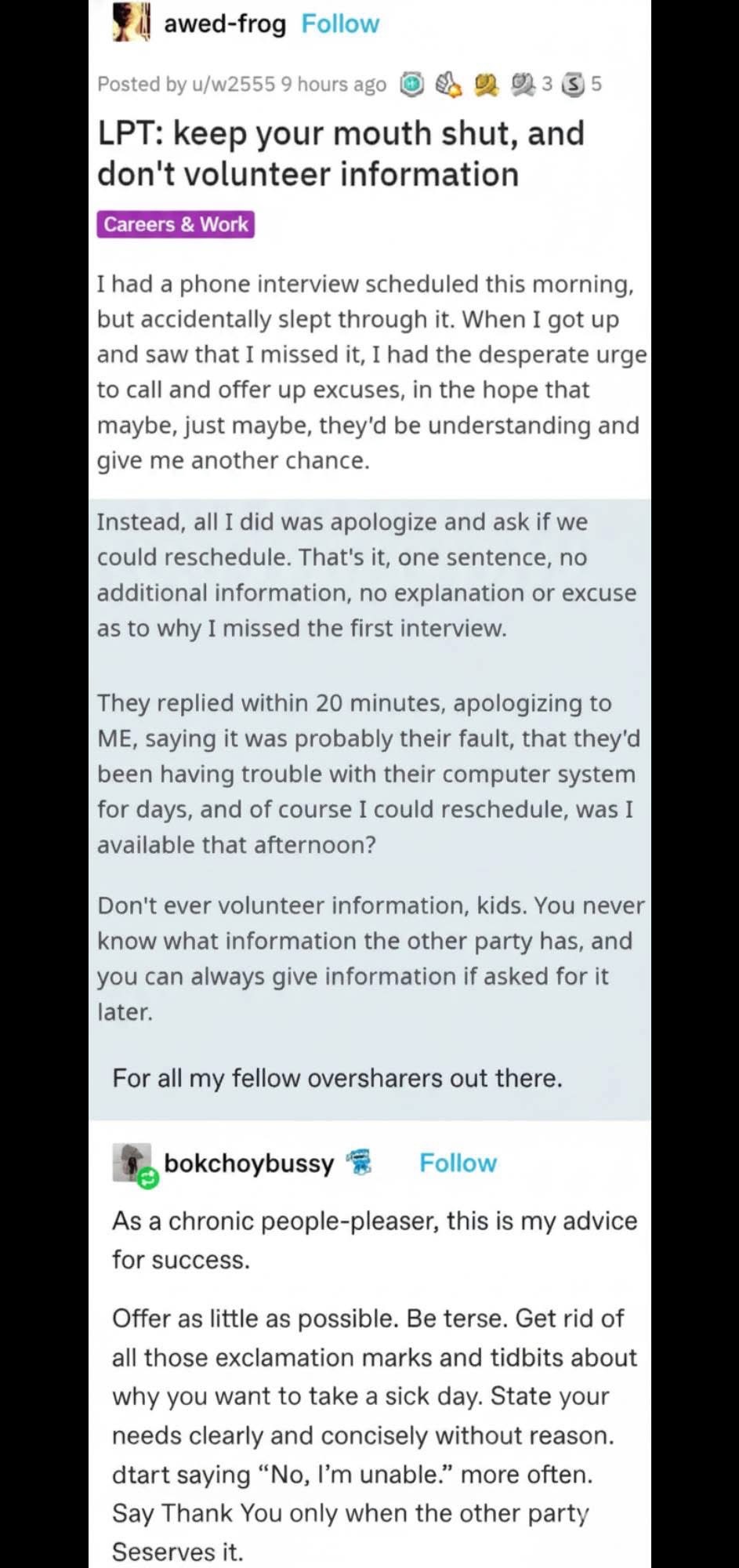 This LPT is basically "just say sorry and ask to reschedule" and it actually worked lol