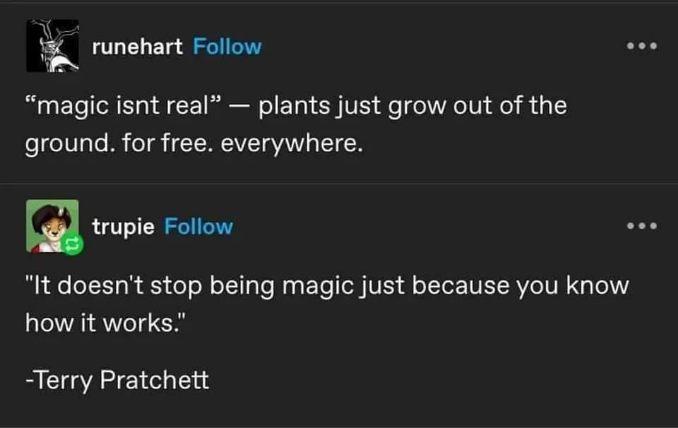 When someone says magic isn't real, but plants just spontaneously grow and exist everywhere. Terry Pratchett gets it.