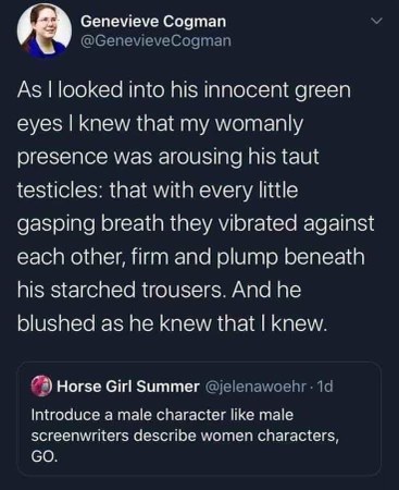This is a perfect example of how male characters are described in comparison to women characters in screenwriting.