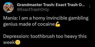 The contrast between mania and depression is wild, like one minute you're a cocaine-fueled gambling god and the next you can't even lift a toothbrush.
