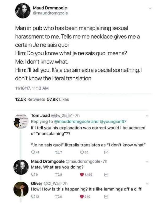 When you try to mansplain a French phrase meaning 'I don't know what' and end up proving you don't know what it means either.