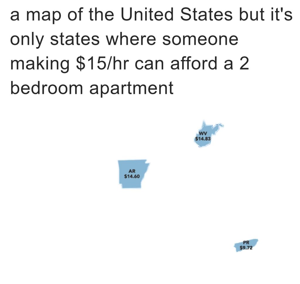 Wow, only three places in the entire US where a $15/hr job means you can afford a 2-bedroom apartment. Cool.
