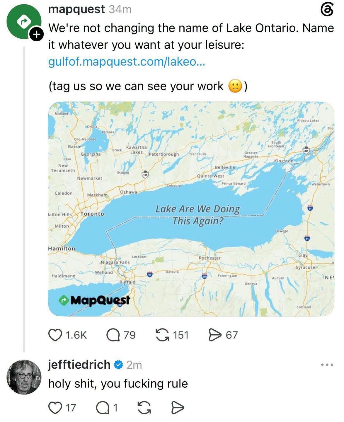 Mapquest letting people rename Lake Ontario and someone put 'Lake Are We Doing This Again?'