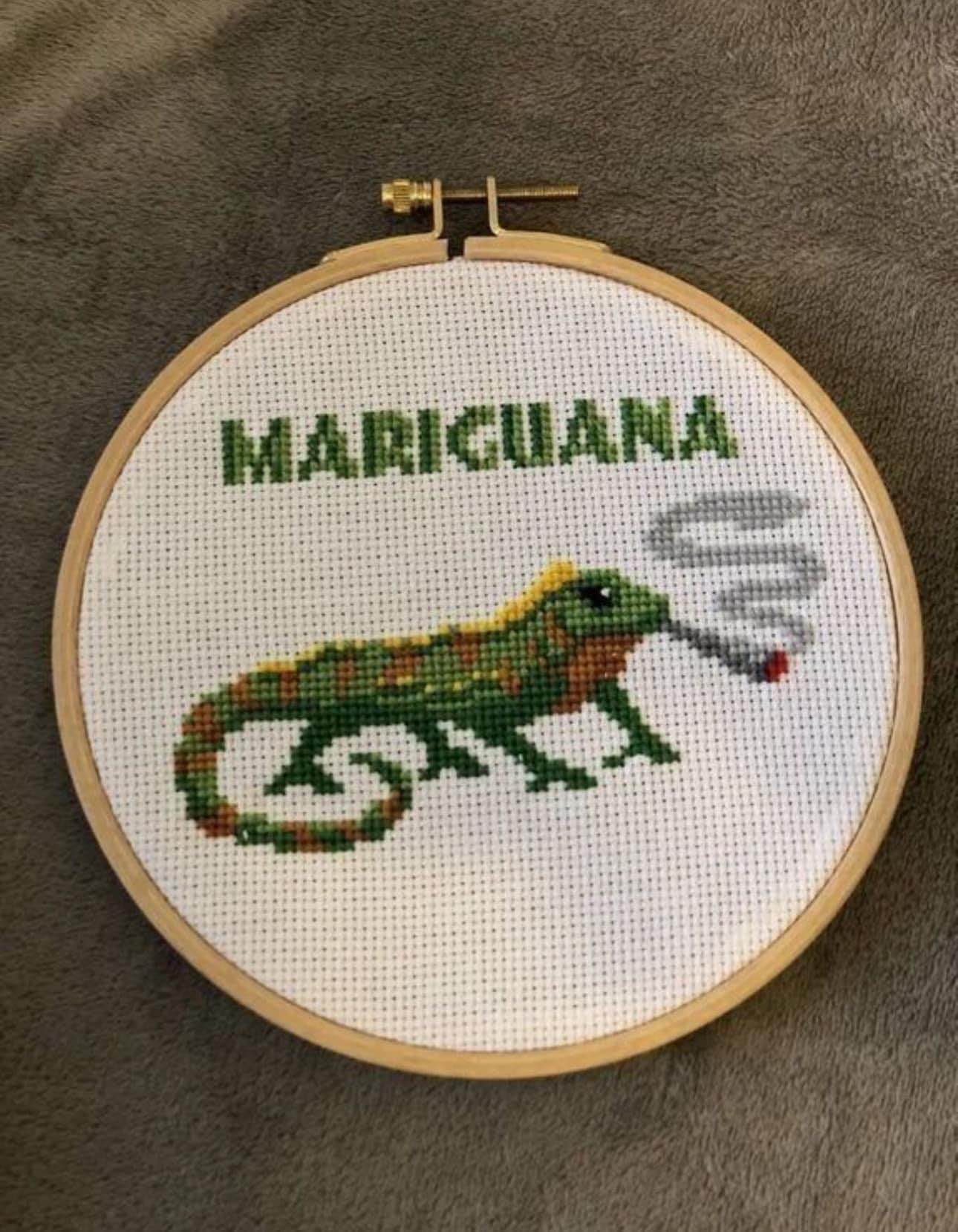 This cross-stitch is hilarious, it's like a chameleon named Maricuana