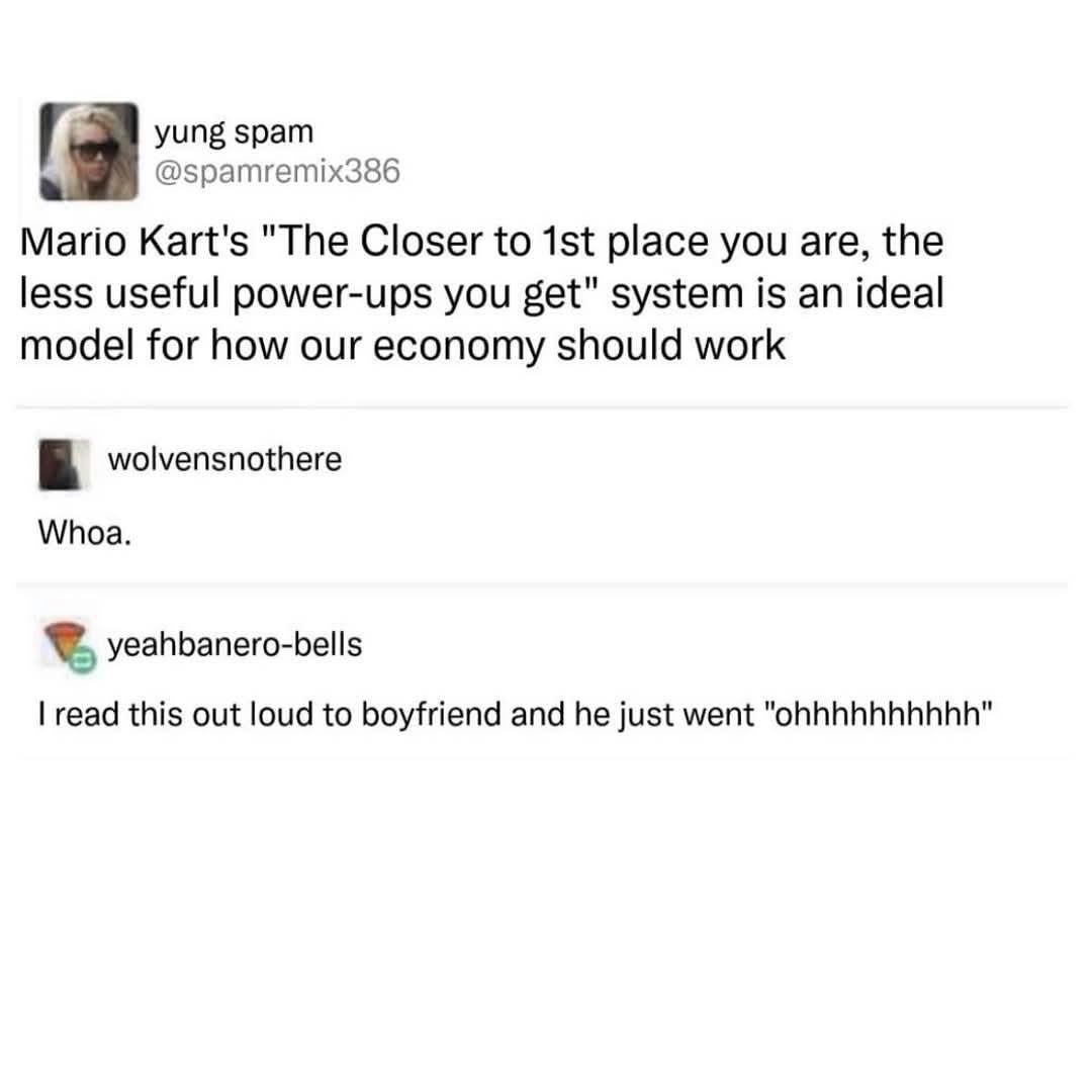 This person relating Mario Kart power-up logic to the economy and their boyfriend's reaction is priceless