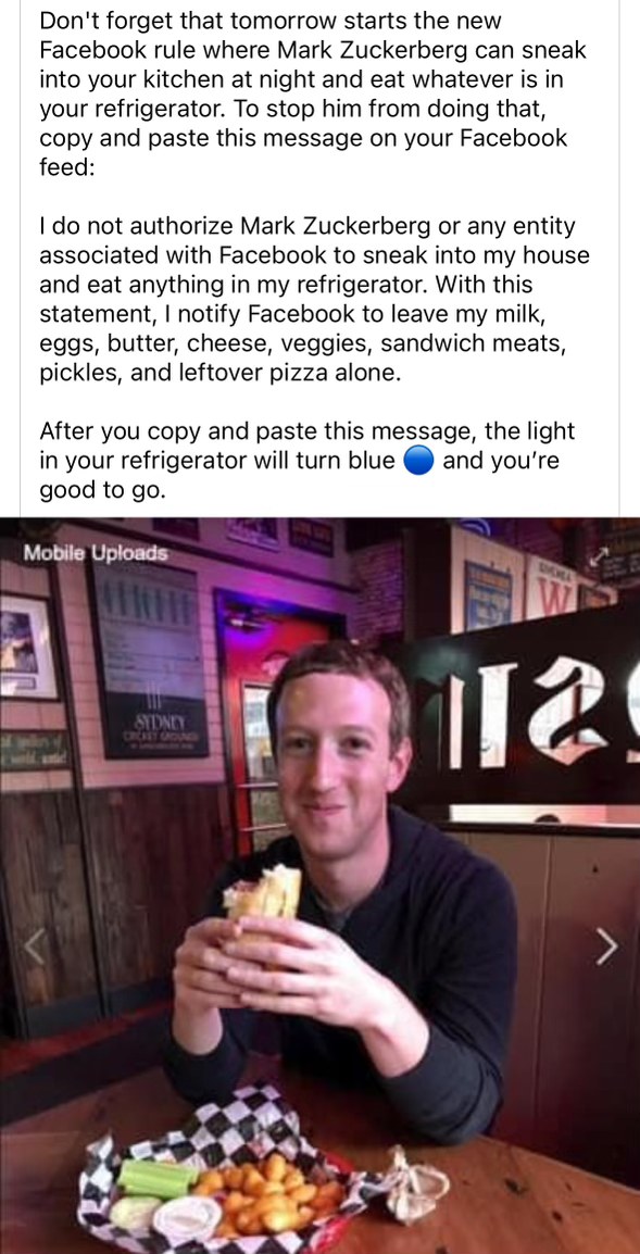 Me trying to protect my snacks from Mark Zuckerberg by posting a Facebook status about it.
