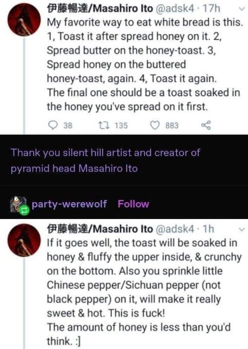 When the Silent Hill artist explains his complicated toast recipe, and you just wanted to know how to make toast...