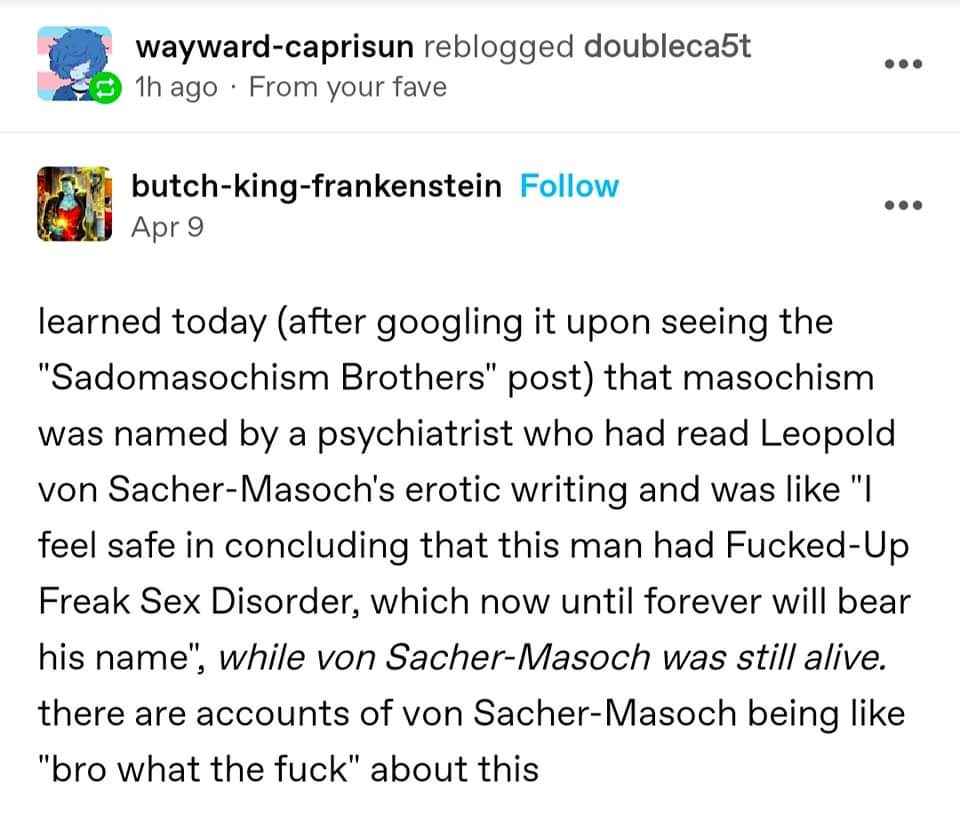 The original masochist was out here like "bro what the fuck" about his own definition