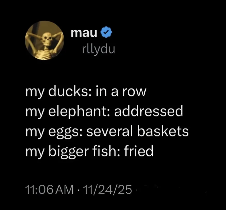 This person is listing common idioms but then gives them a weirdly specific or literal twist.  Like, who addresses an elephant?