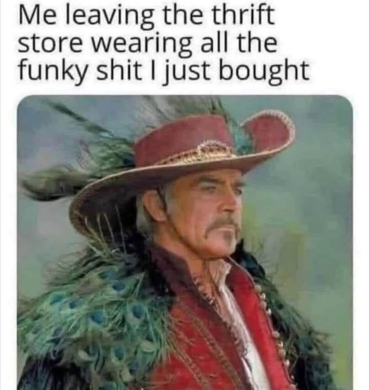 Me leaving the thrift store wearing all the funky shit I just bought