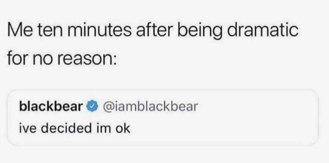 Me literally ten minutes after a whole dramatic episode for no dang reason