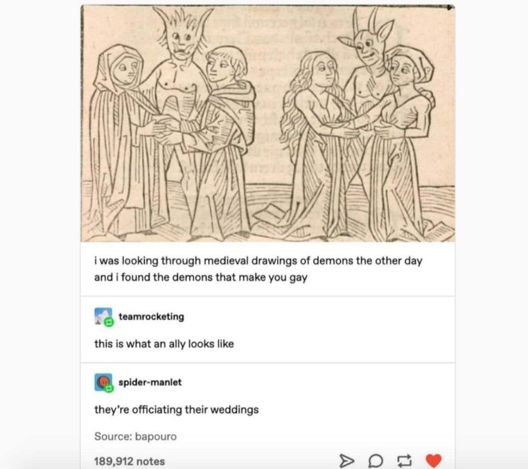 Demons getting people gay and then officiating their weddings, it's the allies we needed.