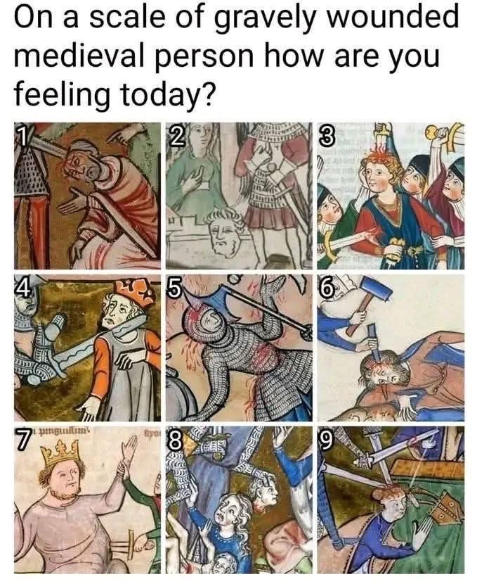 Me trying to figure out how I'm feeling based on a 9-panel medieval artwork.