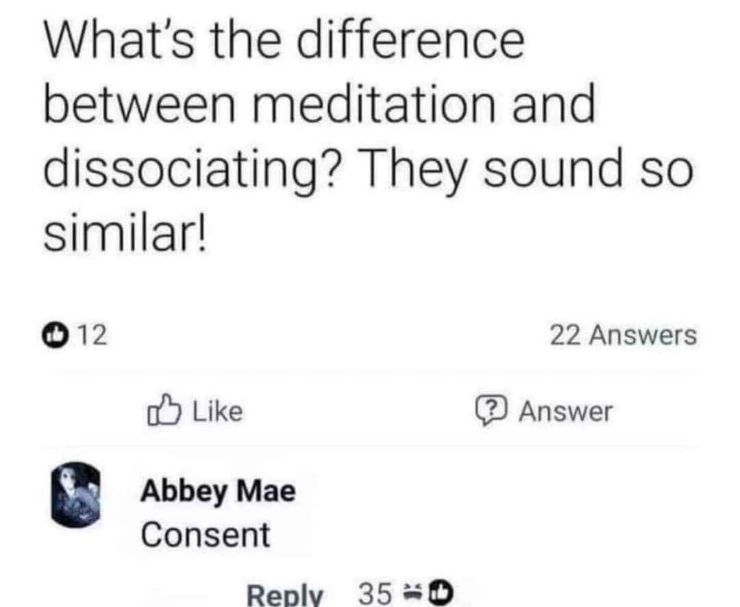 Bruh, the answer to the difference between meditating and dissociating is just 'consent'. LOL.