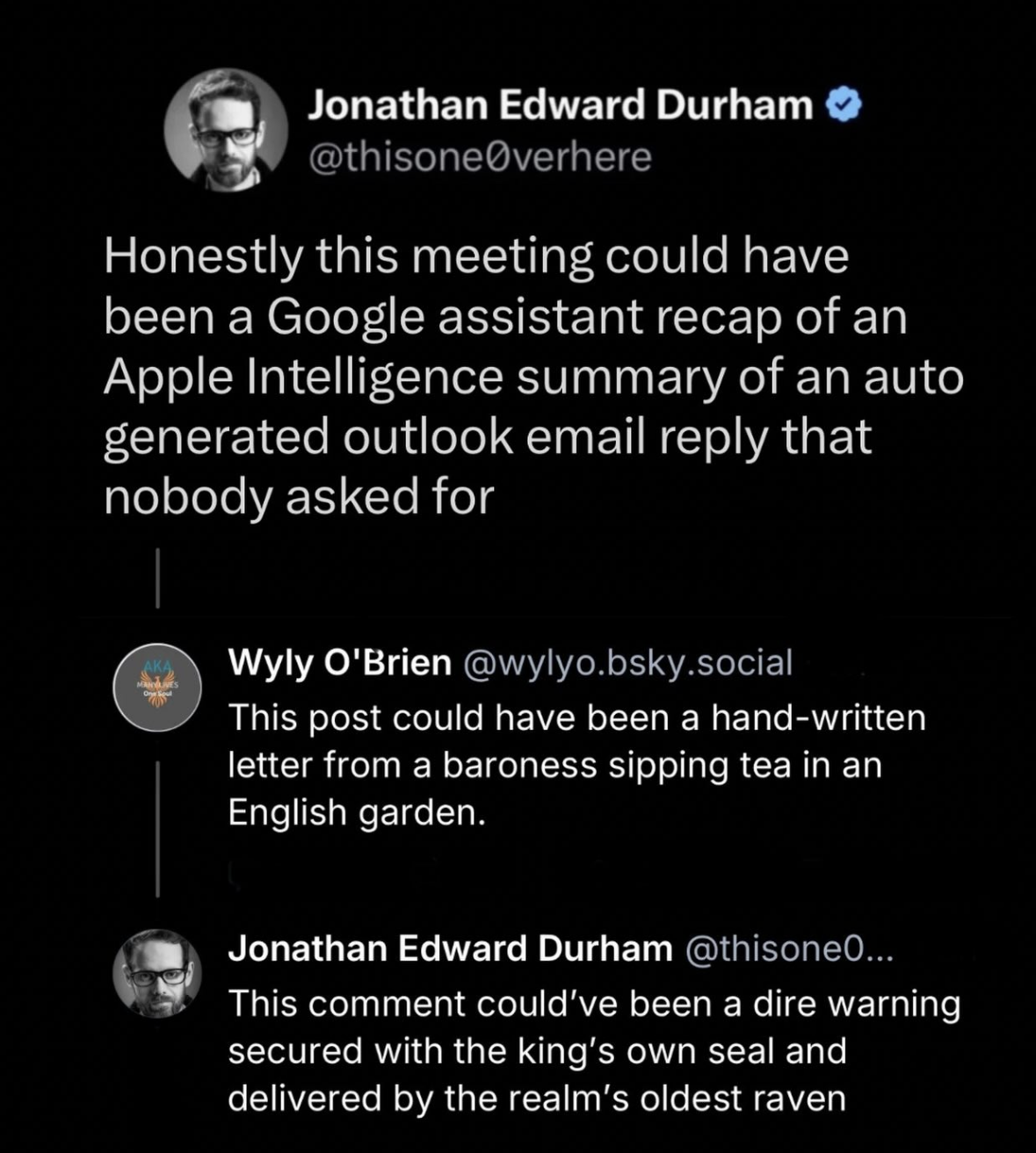 When you try to explain how bad a meeting was by comparing it to increasingly complex digital and analog communication methods.
