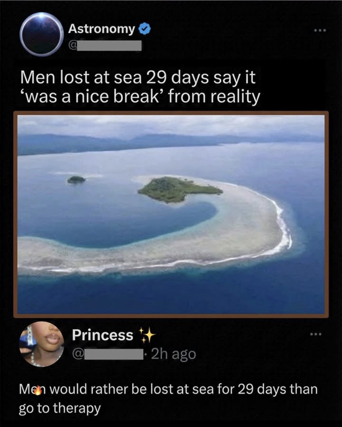 Men would rather be lost at sea for 29 days than go to therapy lol